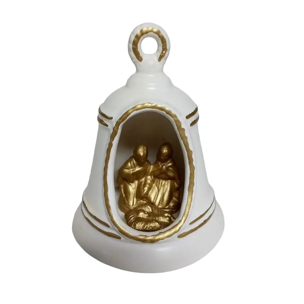🔔⛪Vintage White Gold Nativity Bell Ornament 👼🏾👼🏼Baby Jesus Christmas Decor